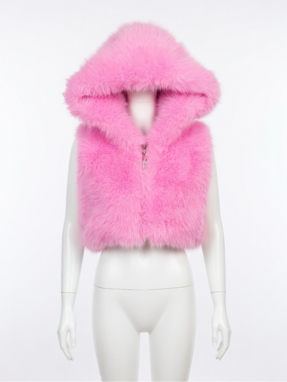Bubblegum Pink Faux Fur Crop Hooded Vest - Picture 8 of 17